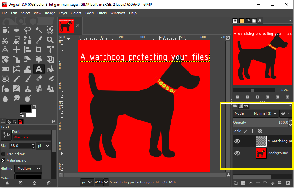 GIMP interface with a multi-layered image