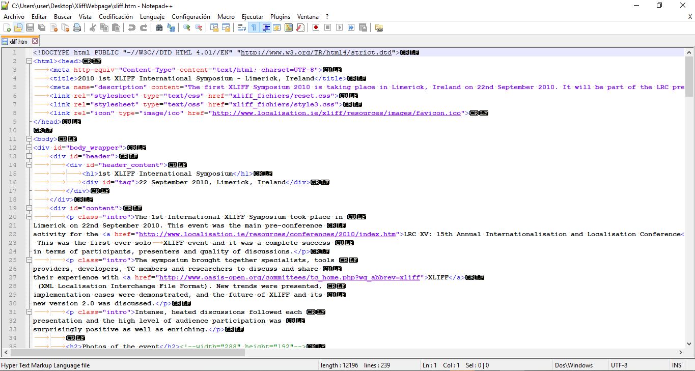 Notepad++ interface with a html file containing tags and text