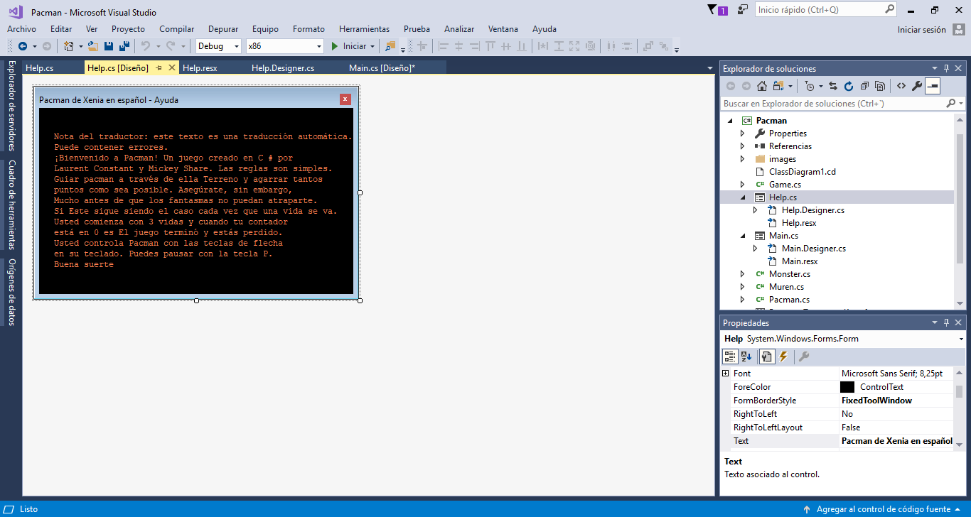 Microsoft Visual Studio interface showing the Spanish preview version of the PacMan help file