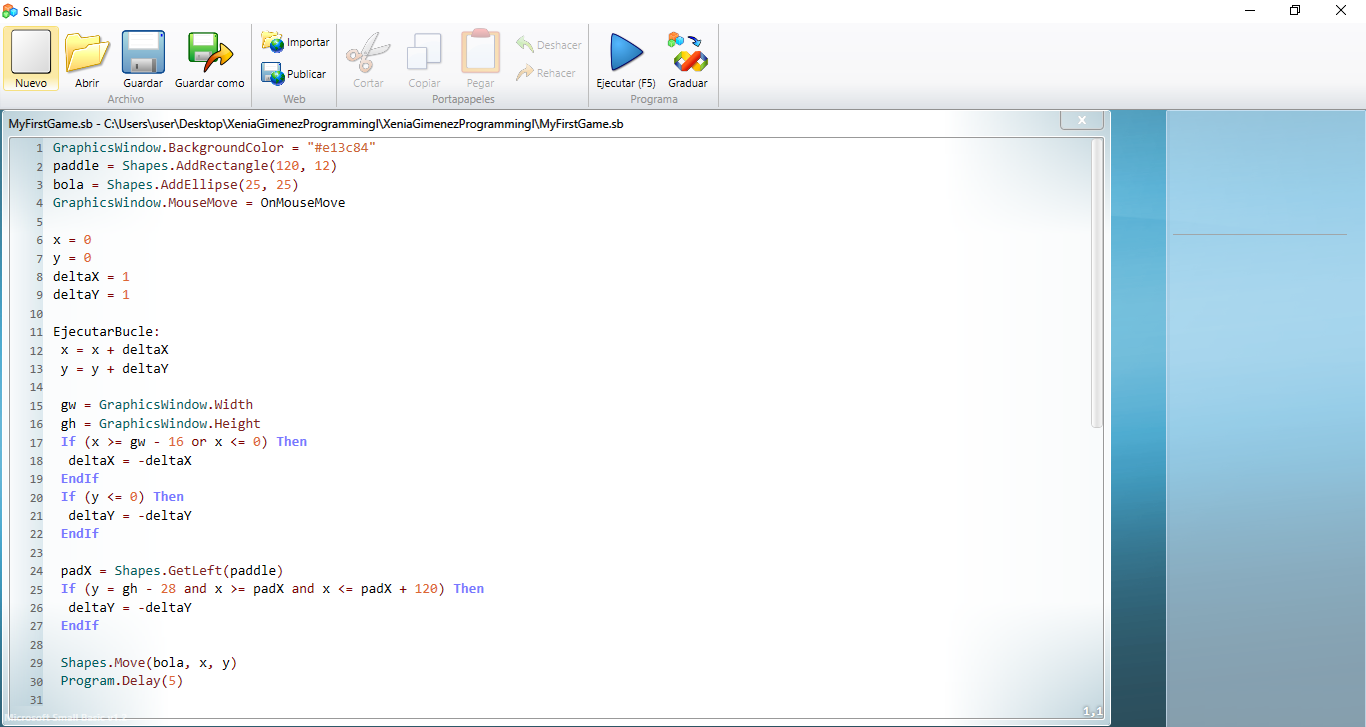Microsoft SmallBasic interface showing the code for a simple game
