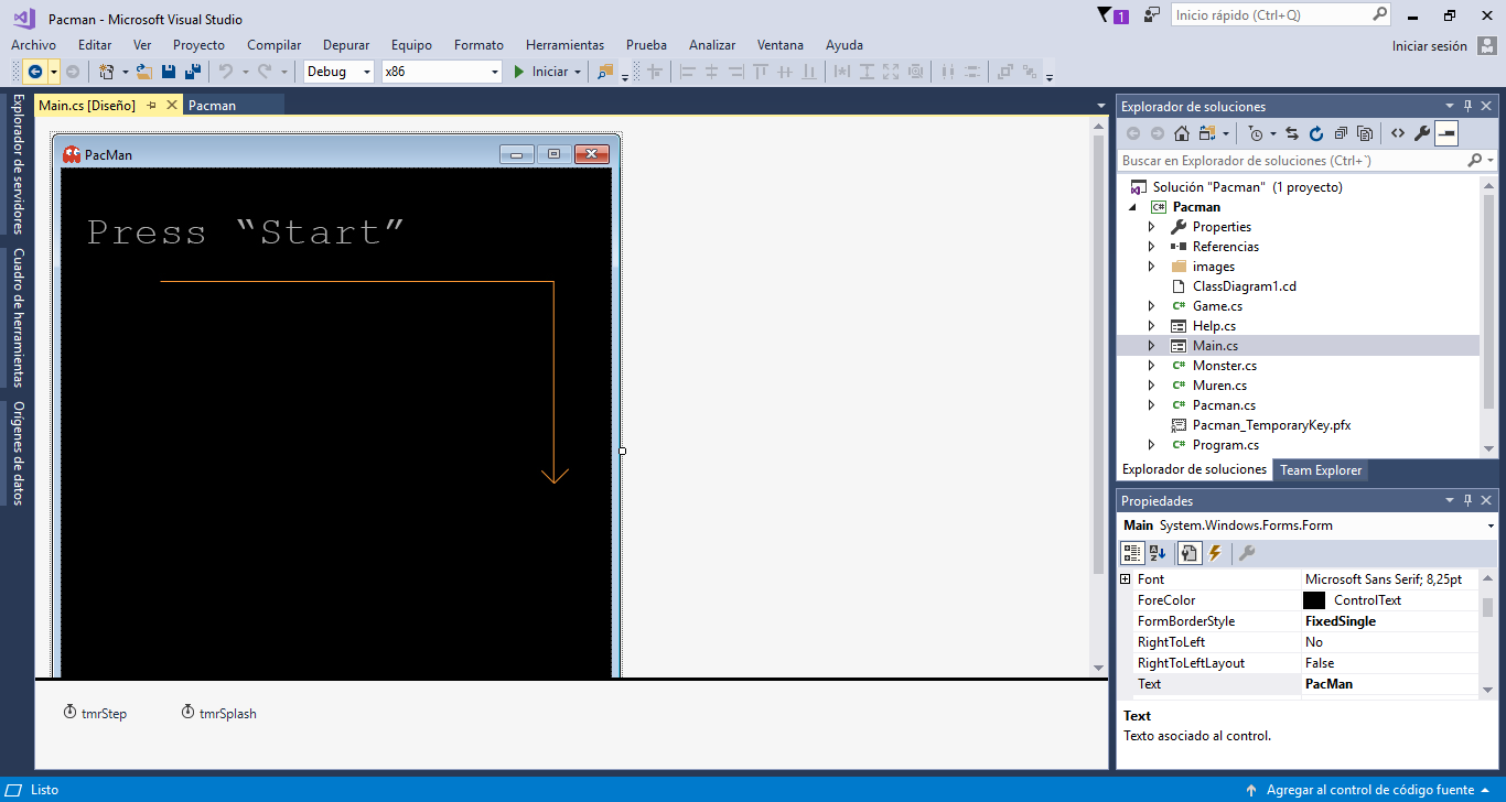Microsoft Visual Studio interface showing the English preview version of PacMan 