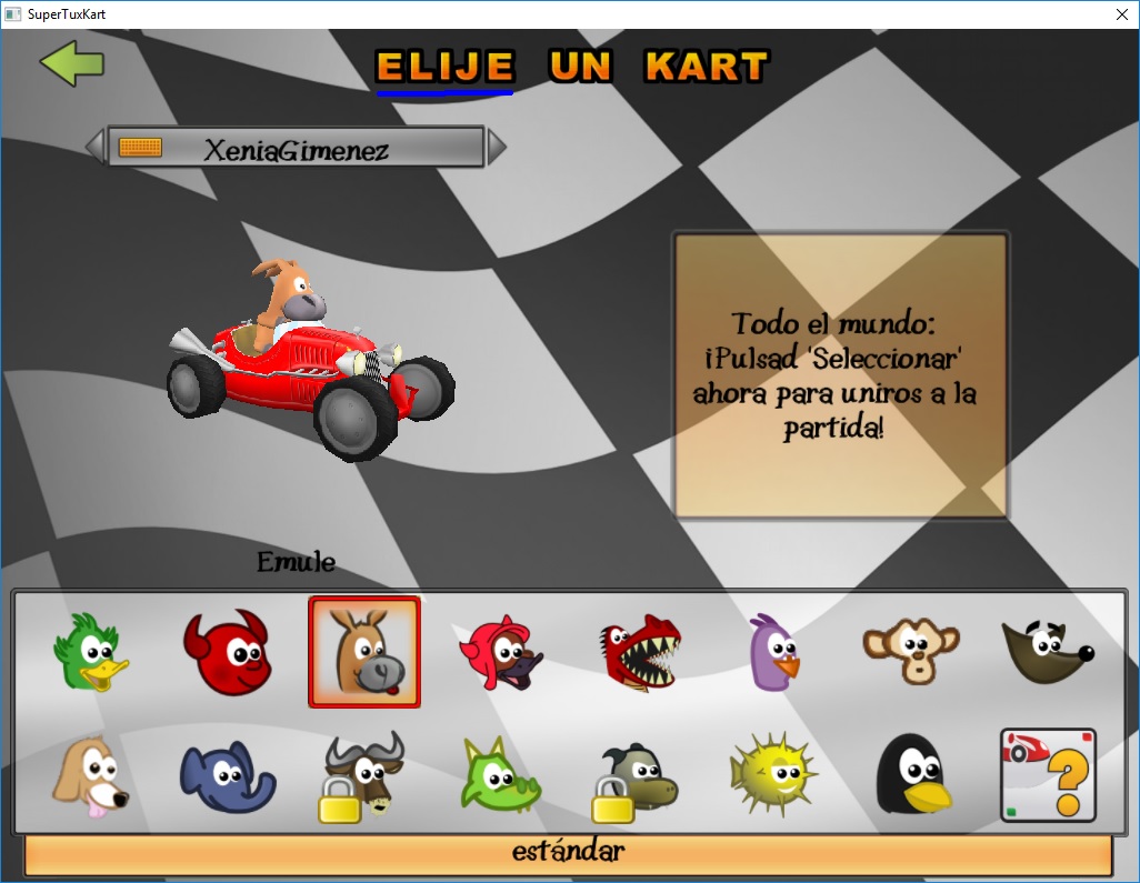 Main screen of Super Tux Kart in Spanish, which reads “Elije” with a “j”