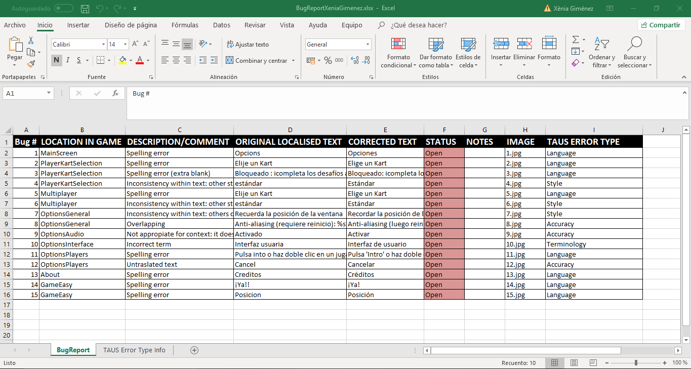 Excel spreadsheet containing a bug report